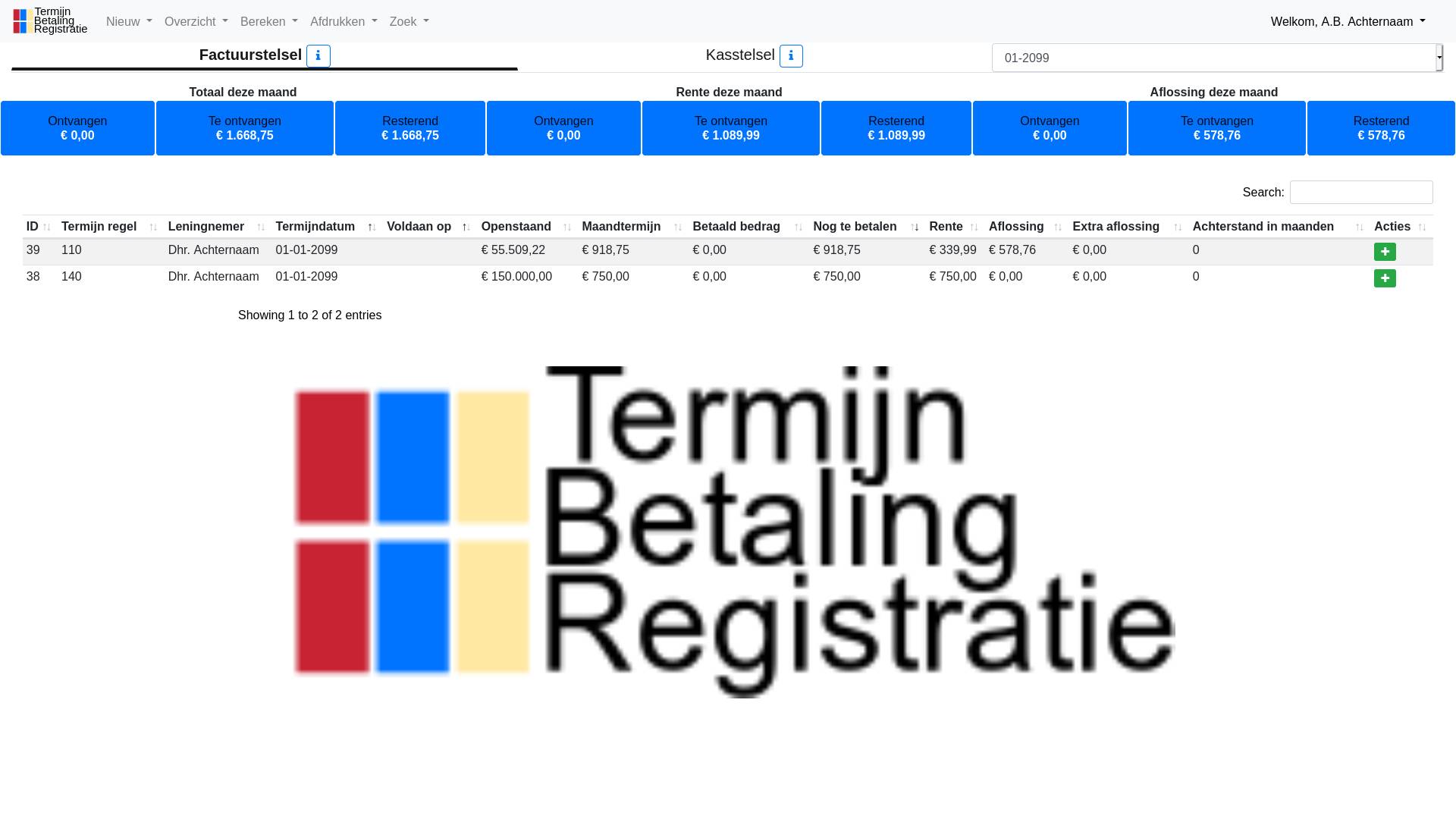 Screenshot Termijn Betaling Registratie